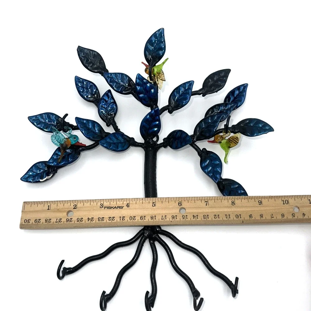 Tree of Life Humming Bird Black Blue Metal Wall Mounted Key Holder with 5 Hooks